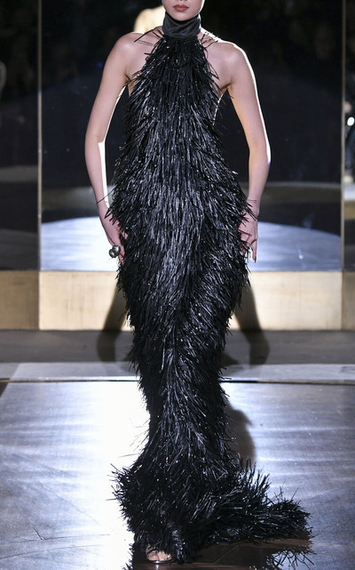 LaQuan Smith Fringed Satin Gown black outlook