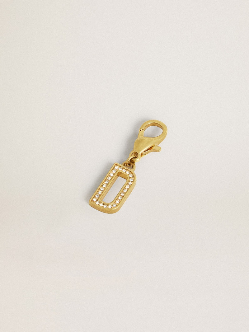 Golden Goose Letter D charm in gold-colored brass with crystals outlook