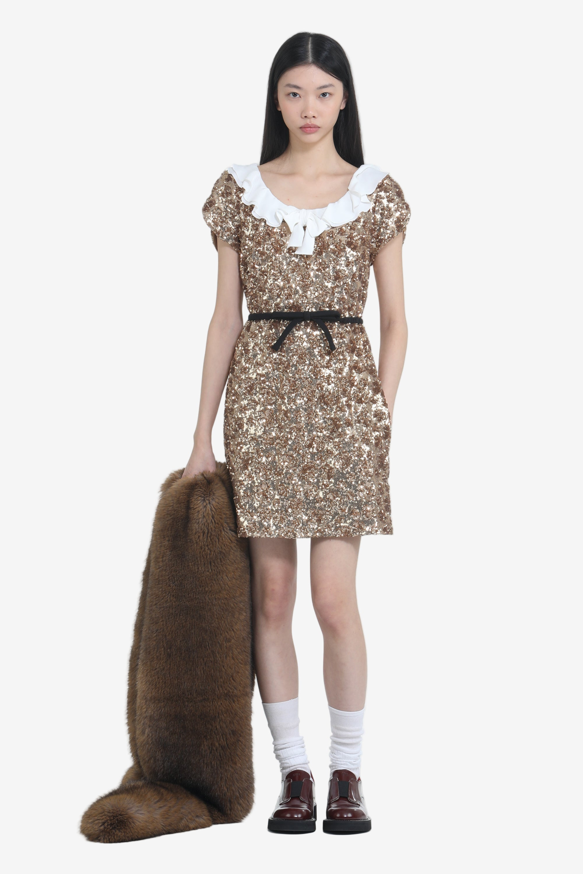SHORT DRESS WITH GOLD EMBROIDERY AND RUFFLED COLLAR - 4