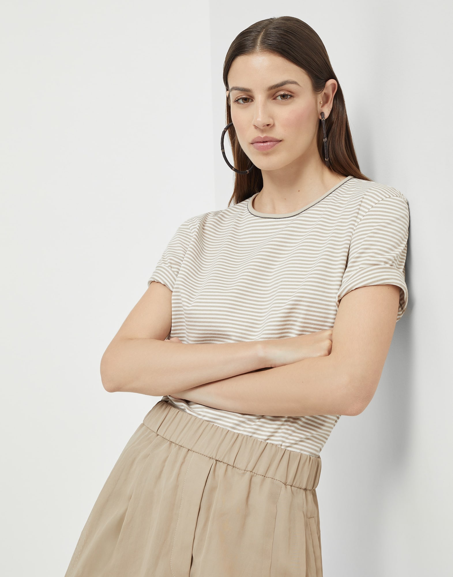 Striped cotton jersey T-shirt with shiny neck detail - 4