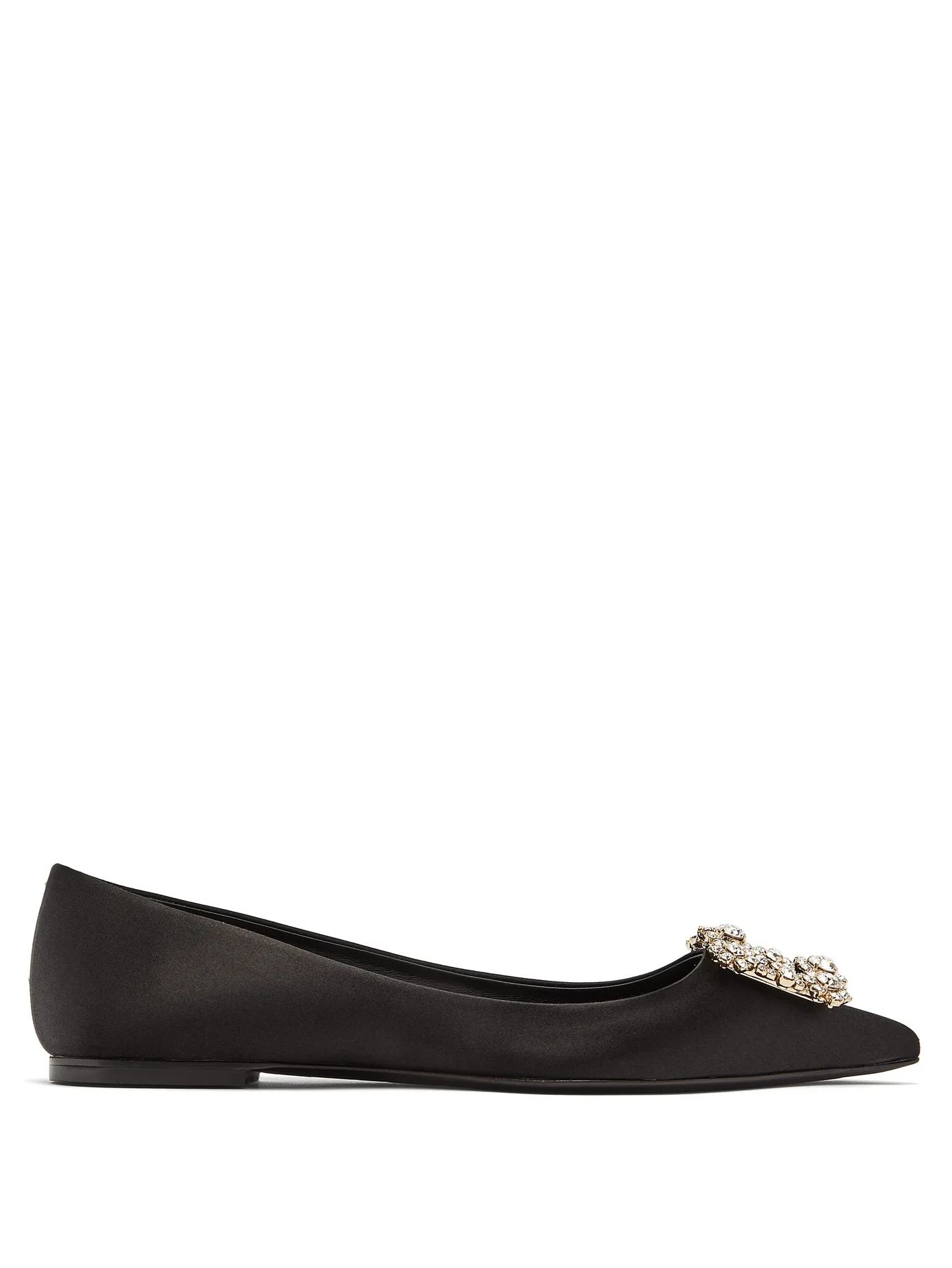 Crystal-buckle pointed satin flats - 1