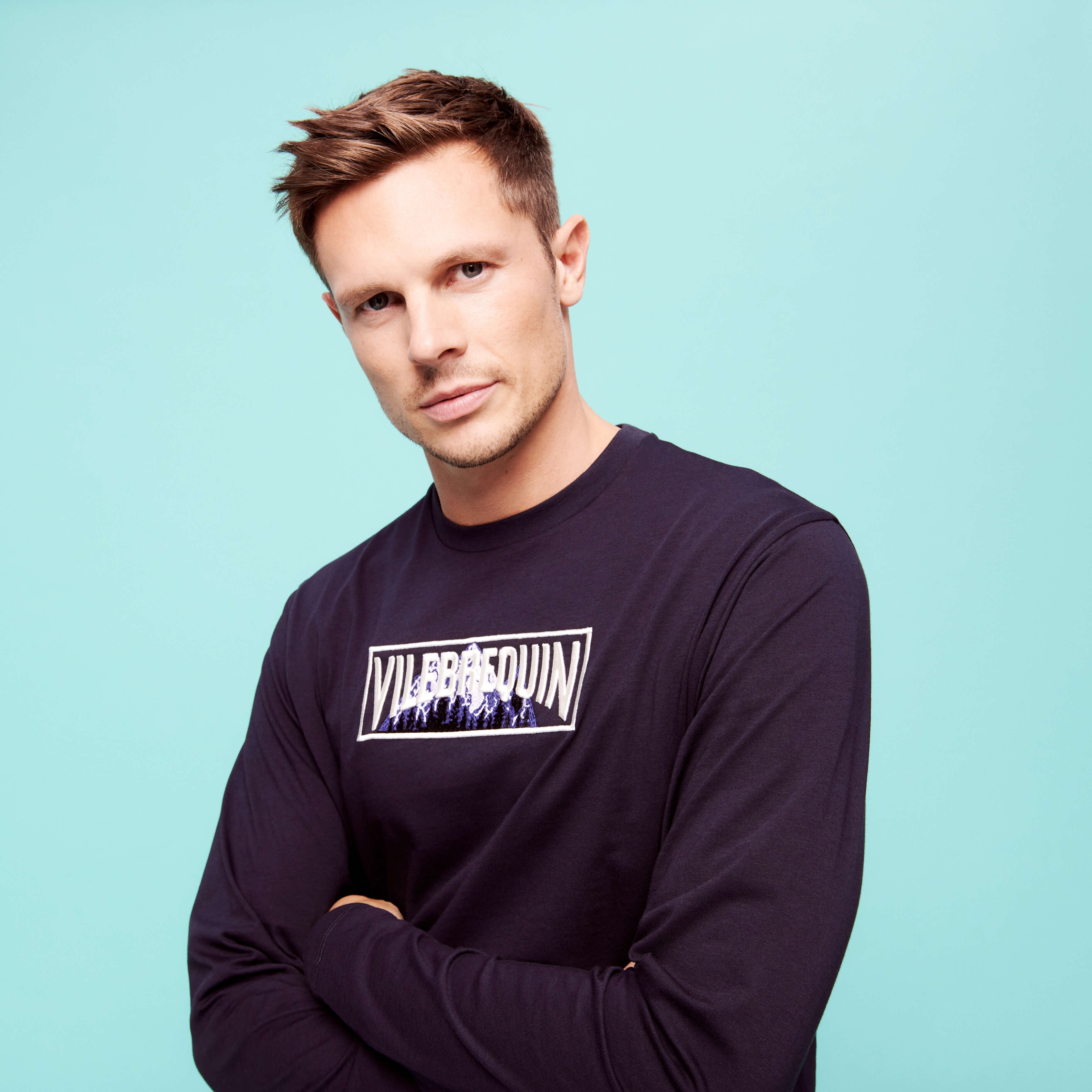 Men Long Sleeves Cotton T-Shirt Embroidered Moutain Patch - 6