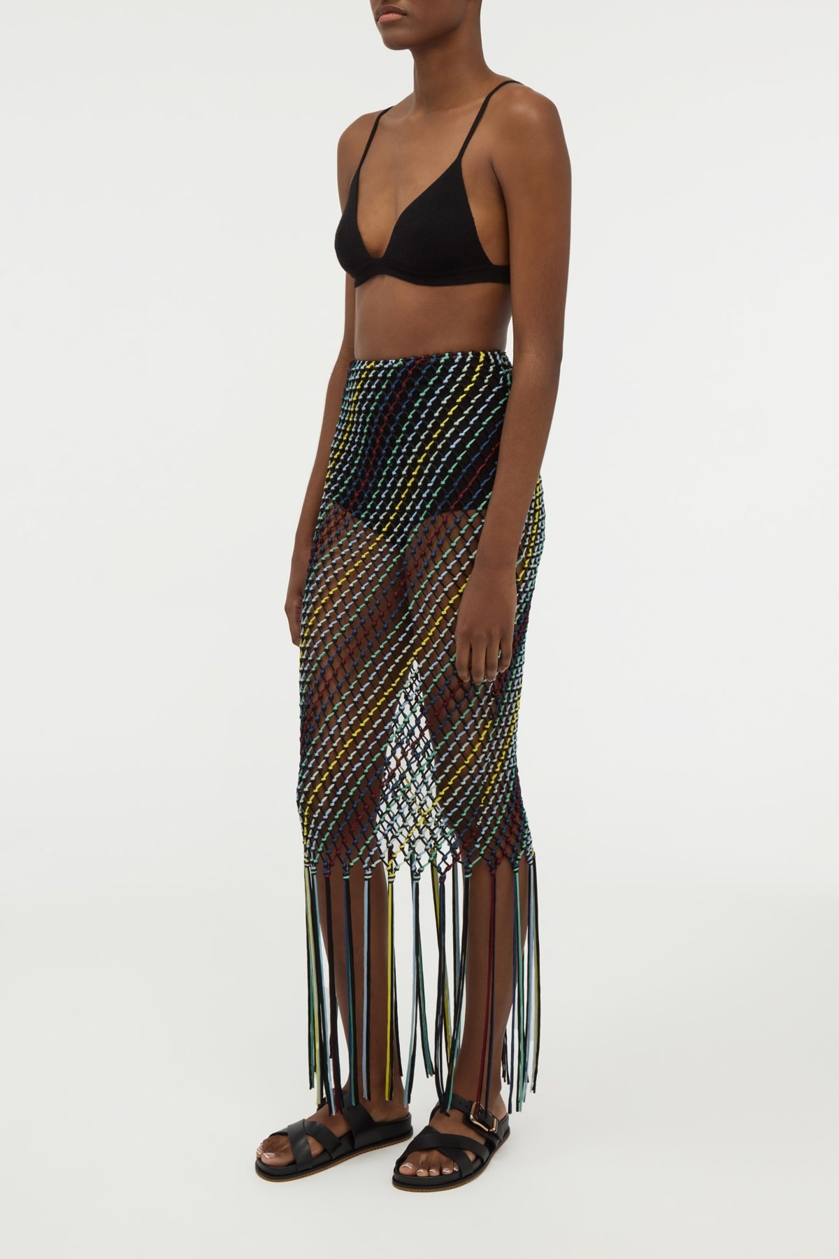 Zana Fringe Macrame Maxi Skirt in Black Multi Silk - 3
