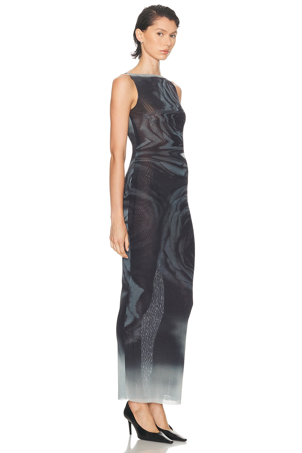 Boat Neck Blurry Roses Printed Sleeveless Dress - 2