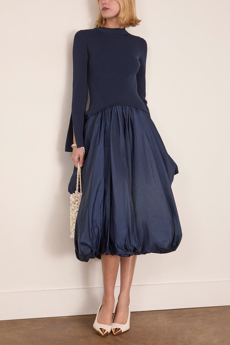 SIMKHAI Kenlie Long Sleeve Mock Neck Midi Dress in Midnight outlook