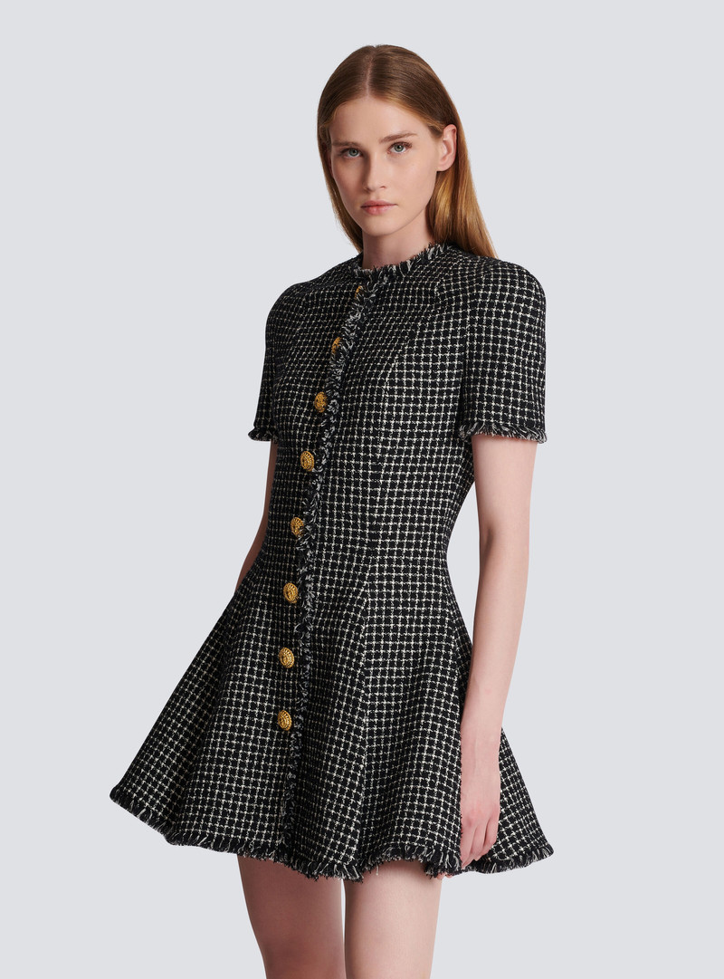 Pleated flared dress in gingham tweed 6