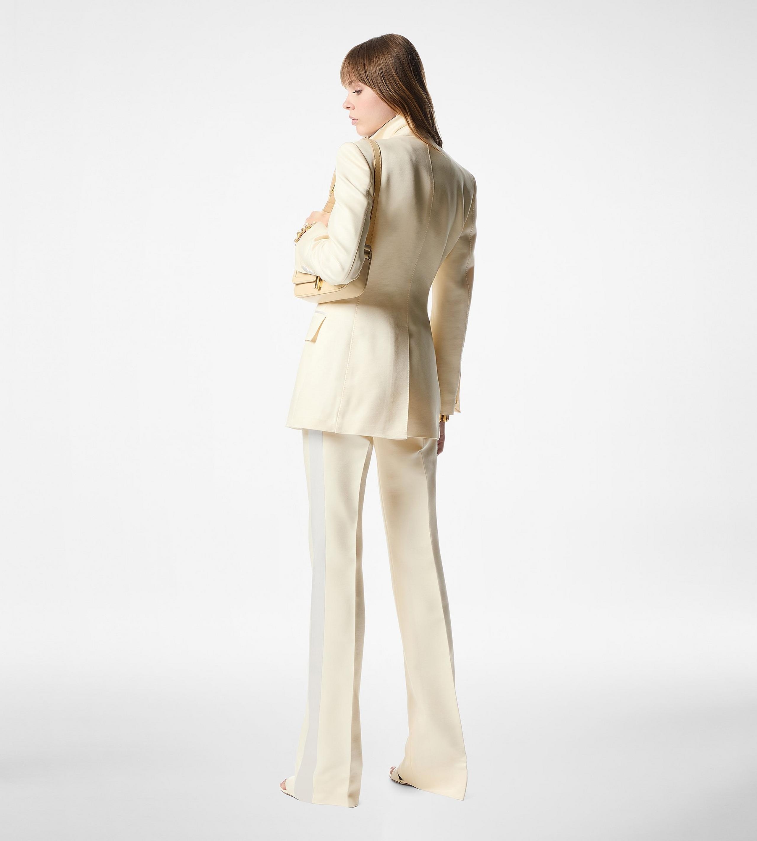 LUSTROUS BARATHEA SILK WOOL TAILORED TUXEDO WIDE LEG PANTS - 4