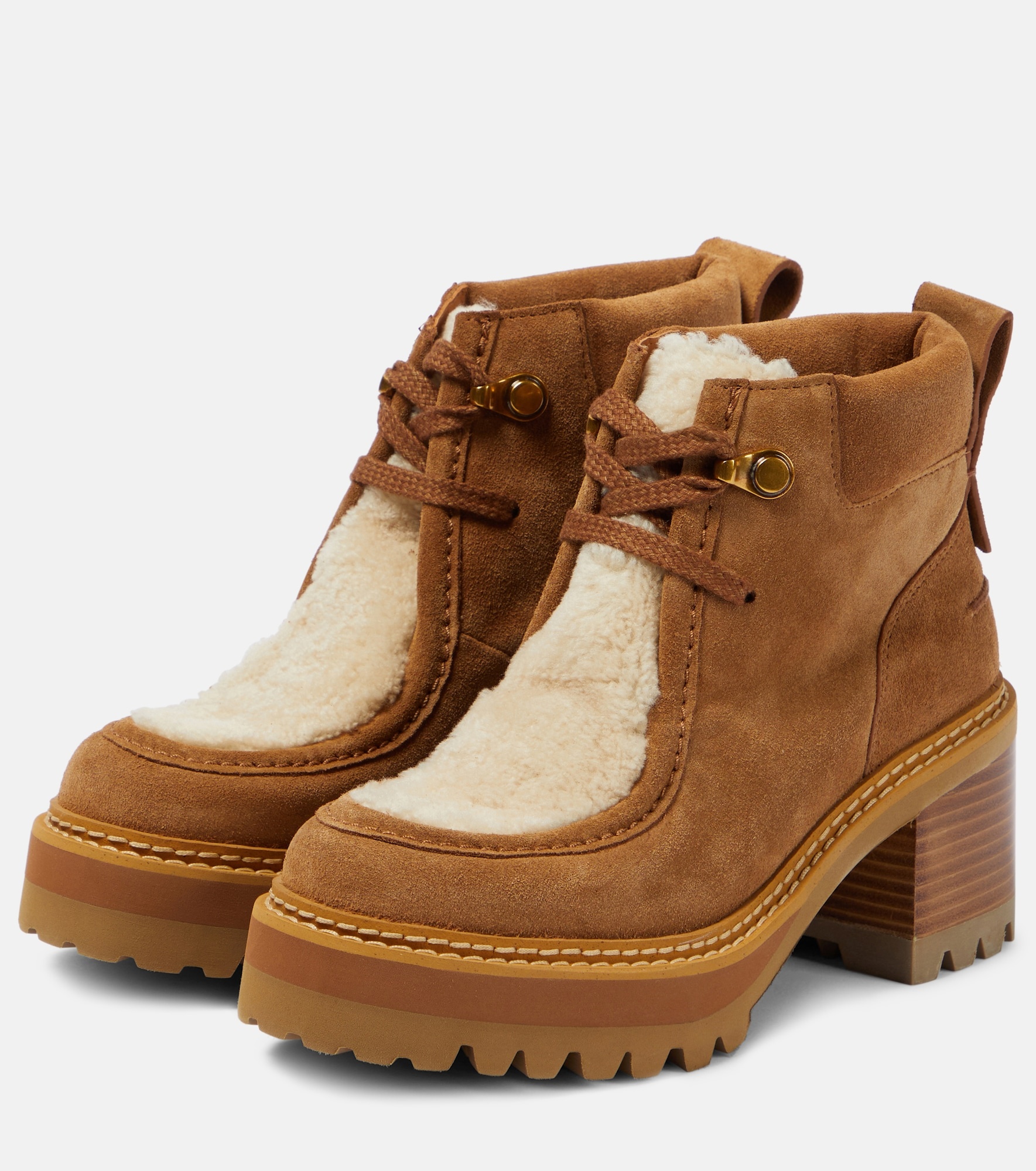 Shearling-trimmed suede ankle boots - 5
