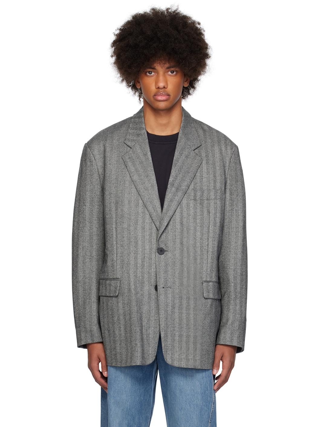 Gray Herringbone Wool Single Blazer - 1