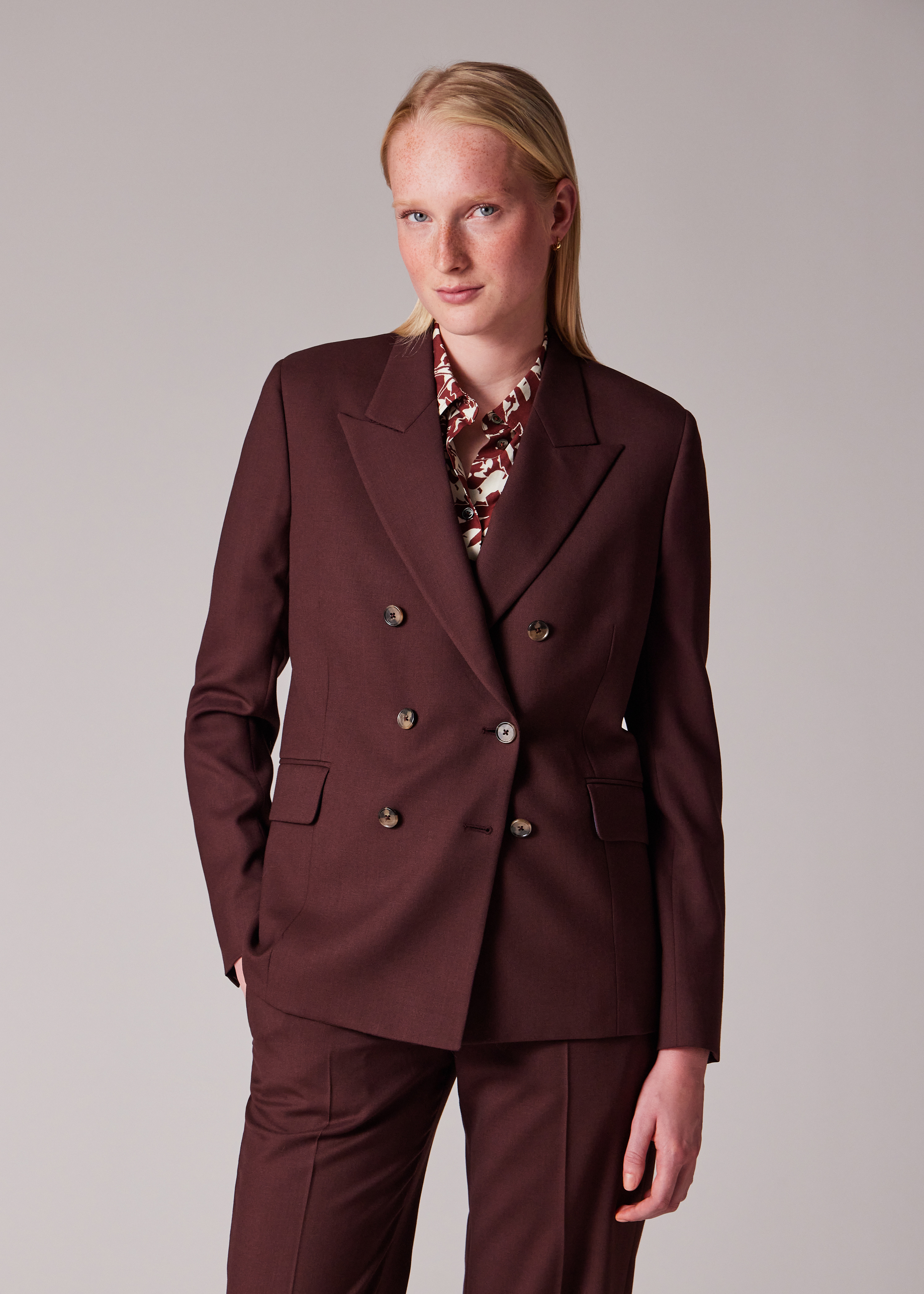 Women's A Suit To Travel In - Burgundy Wool Double Breasted Suit - 8