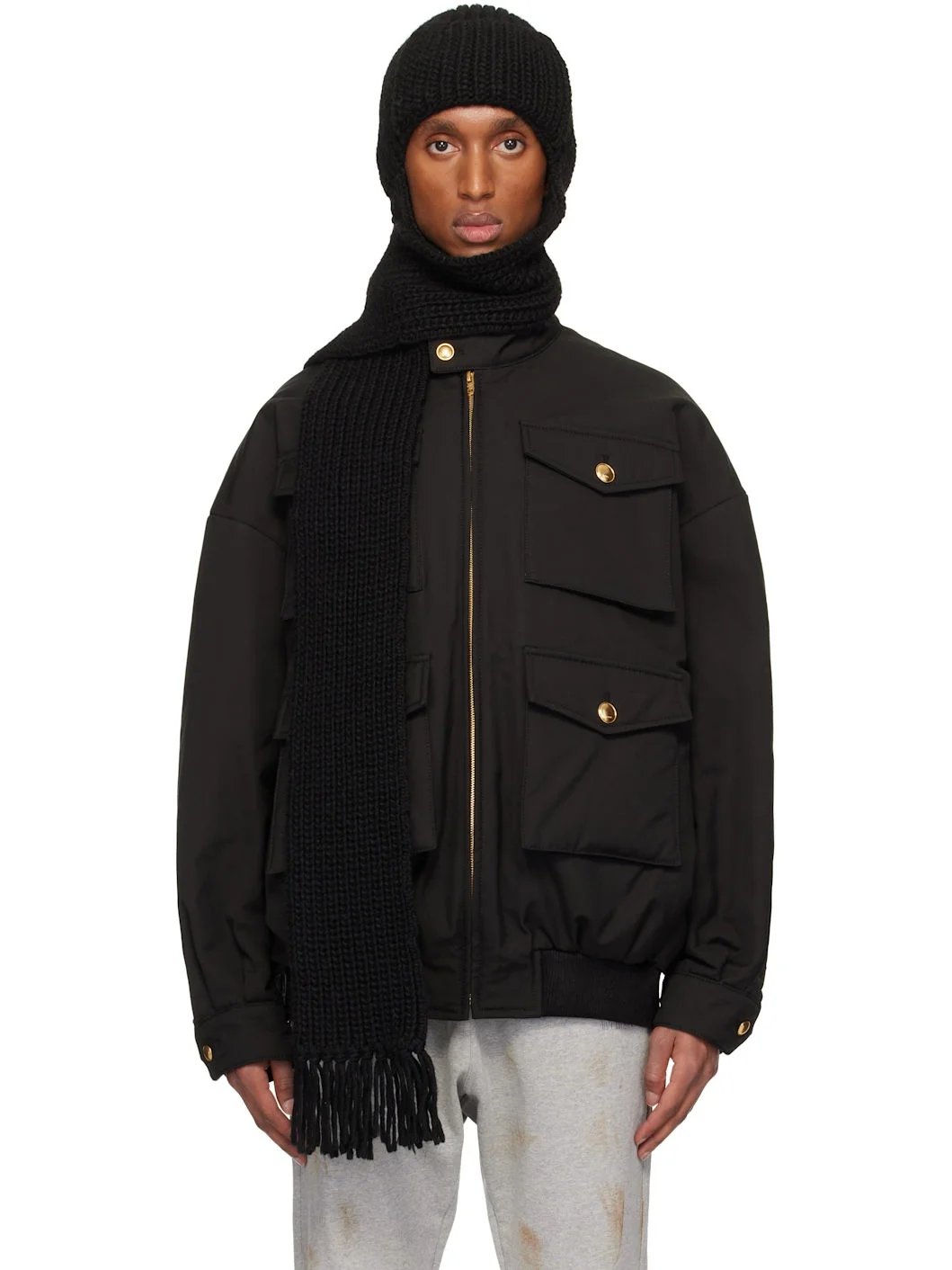 Black Chunky Muffler Beanie - 1