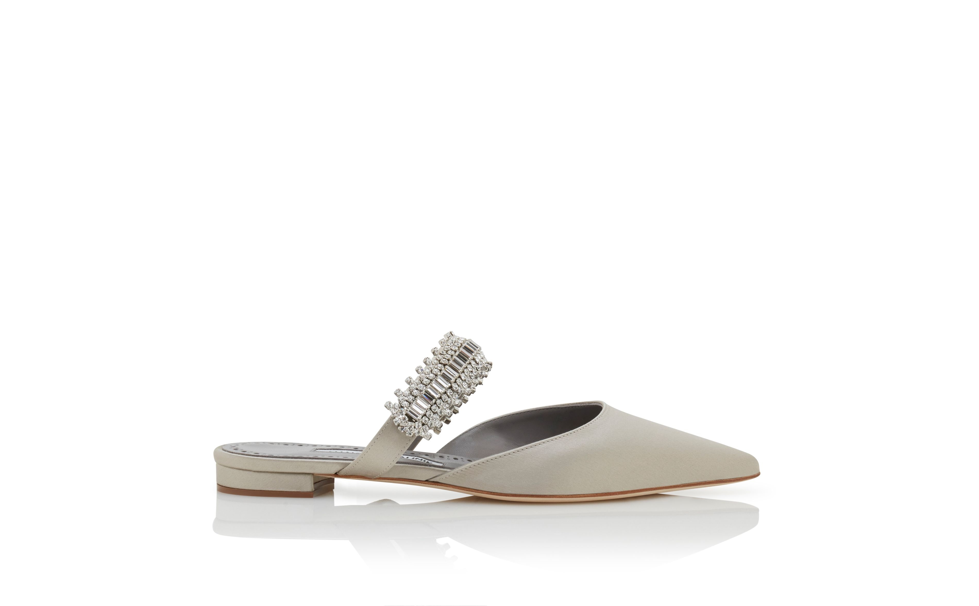 Light Grey Satin Crystal Embellished Flat Mules - 1