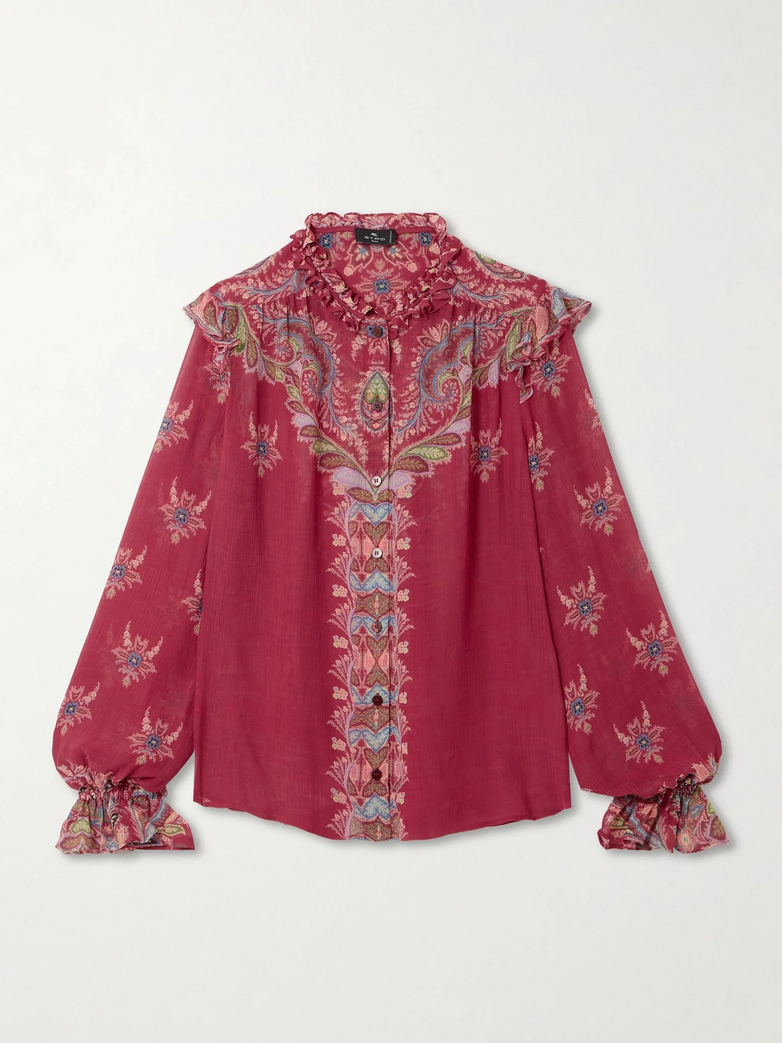 Boho ruffled printed chiffon blouse Red - 1