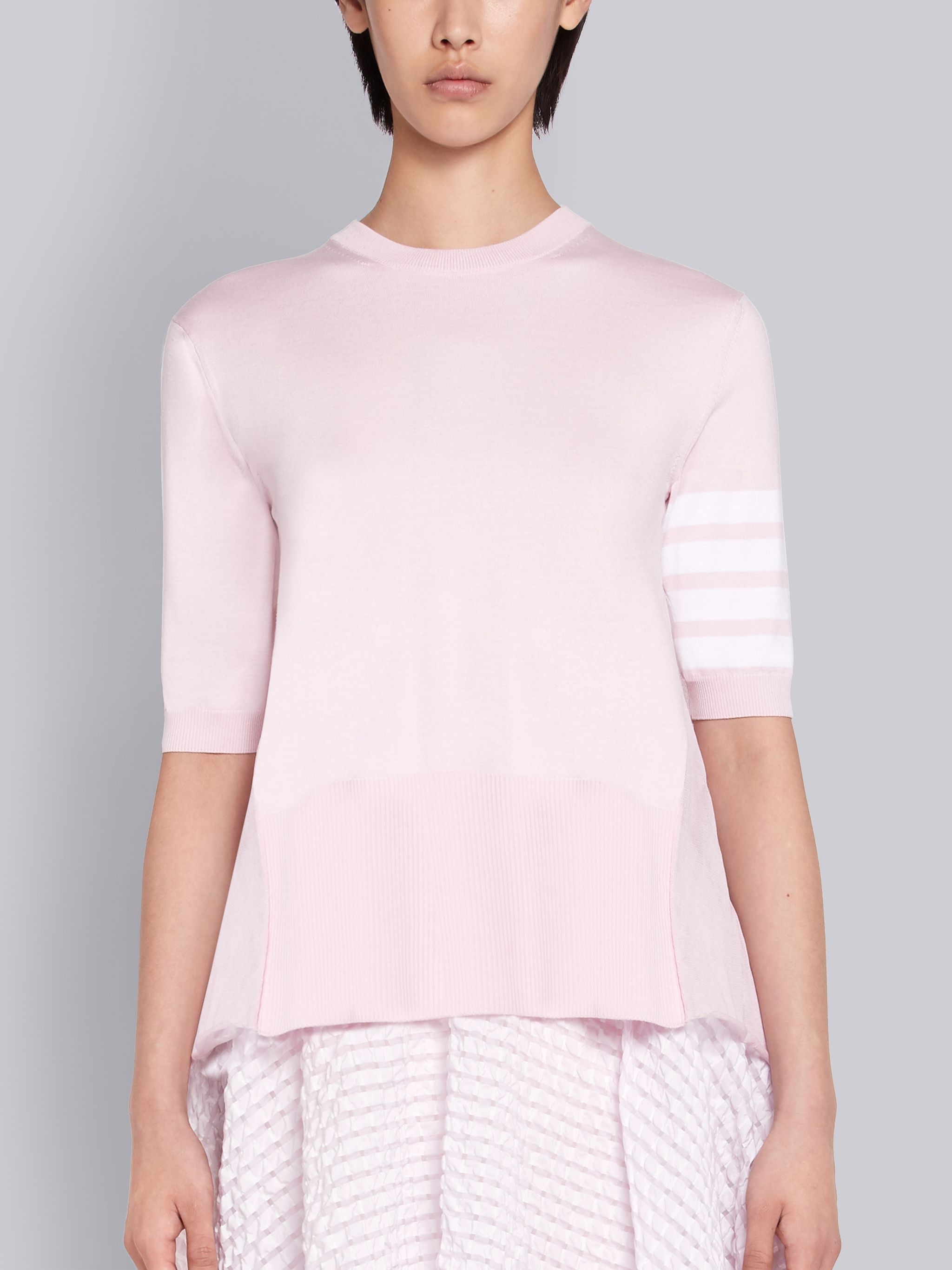 Pink Silk Cotton Blend Sheer Pleated Back 4-Bar Stripe Tee - 1