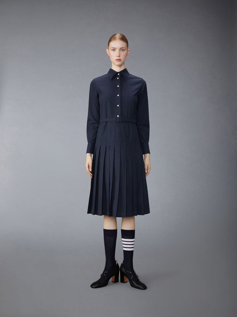Stripe Cotton Flannel Midi Pleated Bottom Belted Dress - 1