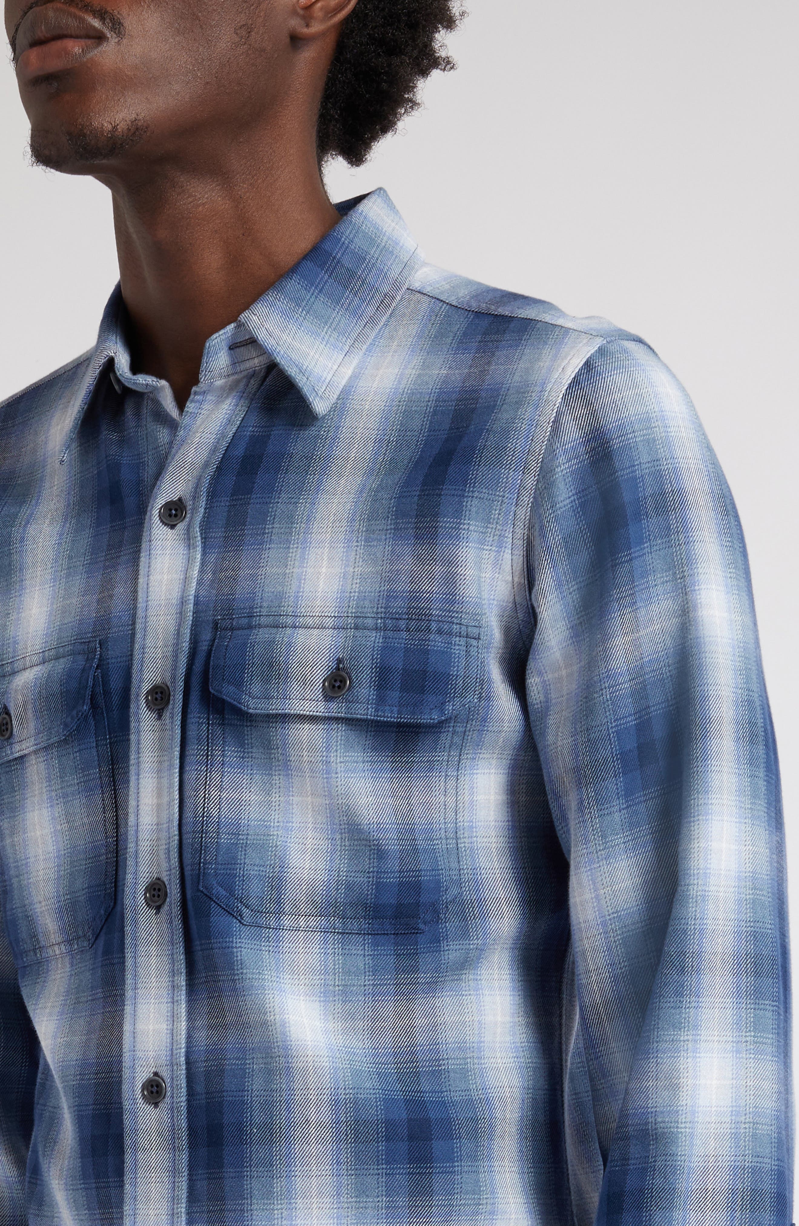 Ombré Plaid Military Fit Cotton Shirt - 4