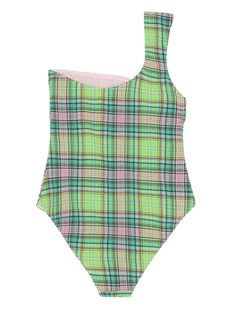 GANNI one-shoulder plaid-patterned swimsuit outlook