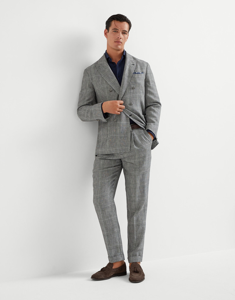 Cotton and linen Prince of Wales one-and-a-half breasted deconstructed blazer with patch pockets and 5