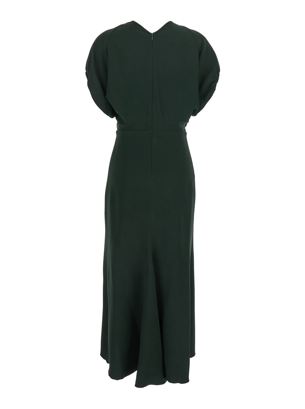 Victoria Beckham Women Green Midi Dress With Ruched Sleeves And V Neck In Viscose Blend Stretch Woma - 2