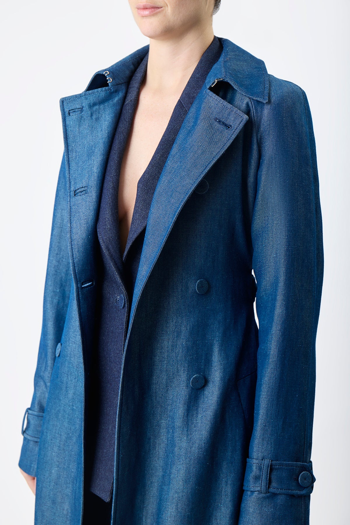 Braden Trench Coat in Deep Blue Wool Linen - 6