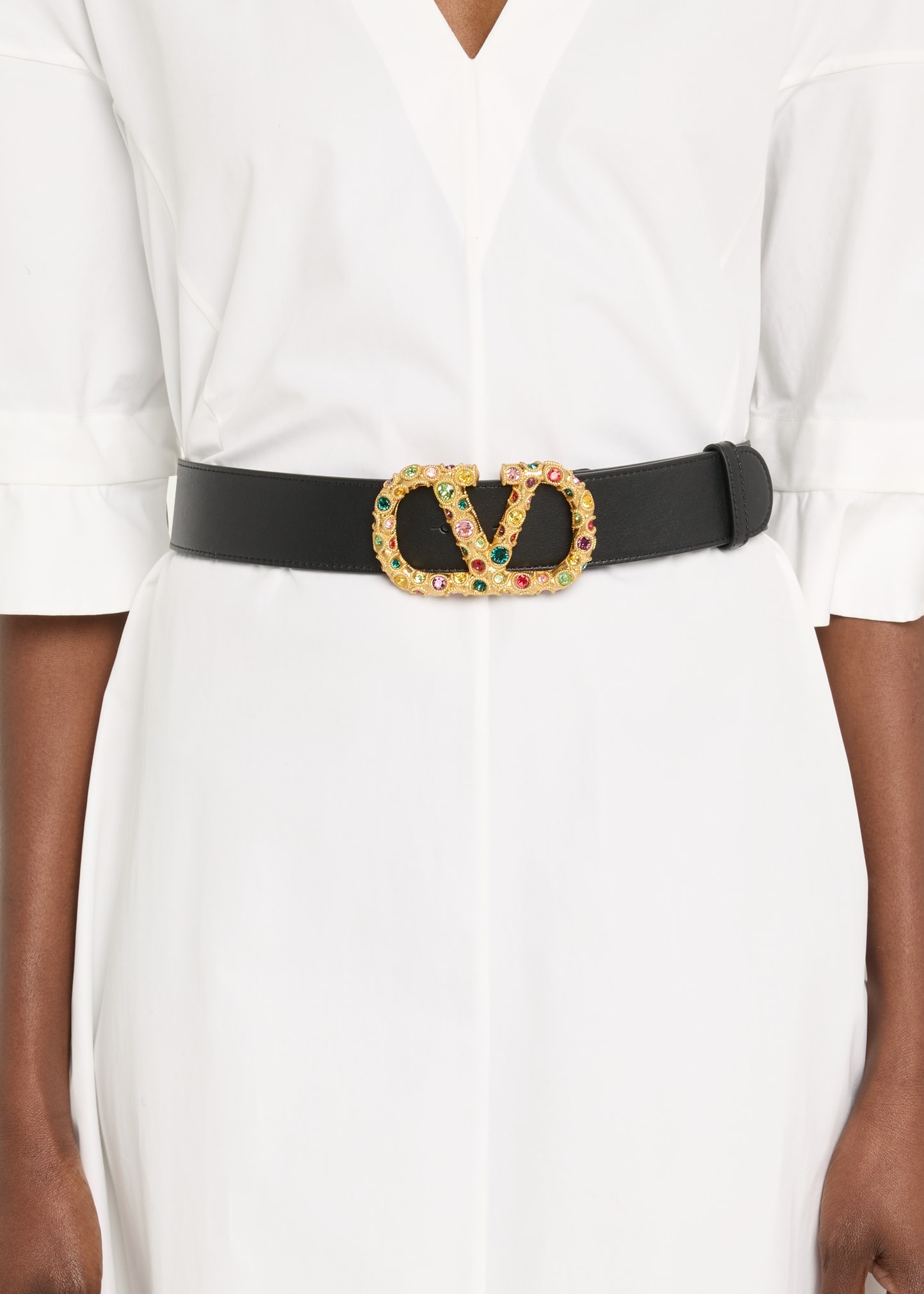 V-Logo Signature Embellished Leather Belt - 2
