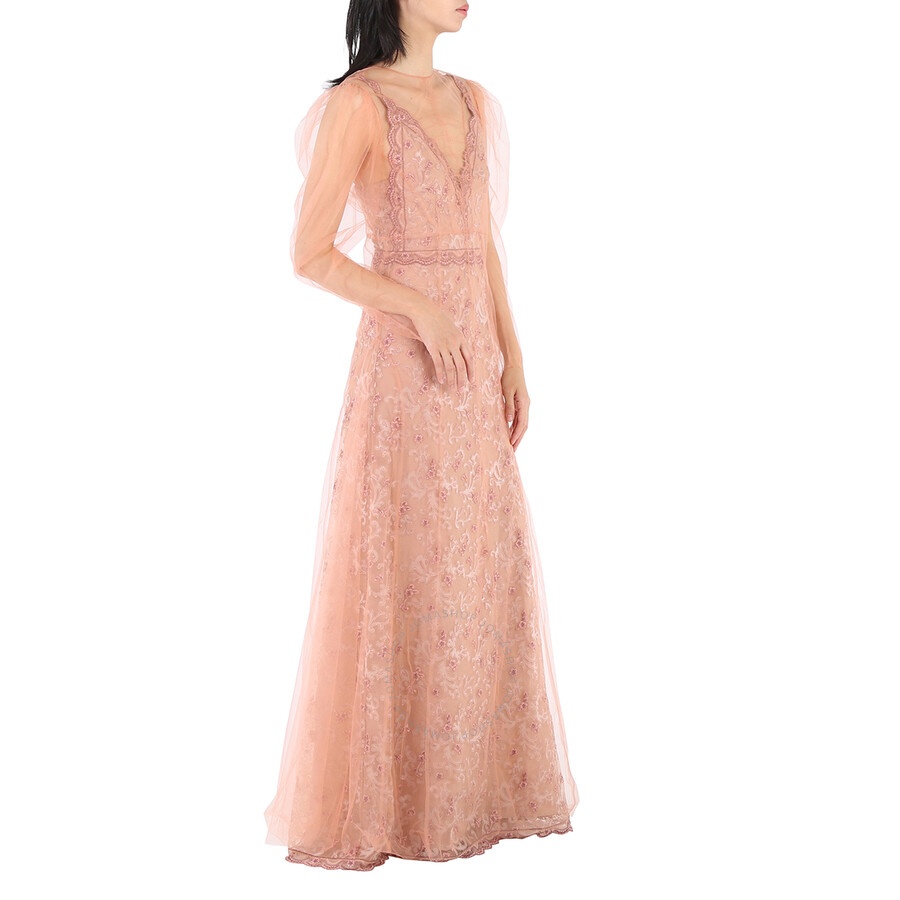 Burberry Floral-embroidered Puff-sleeve Dress In Dusty Pink - 6