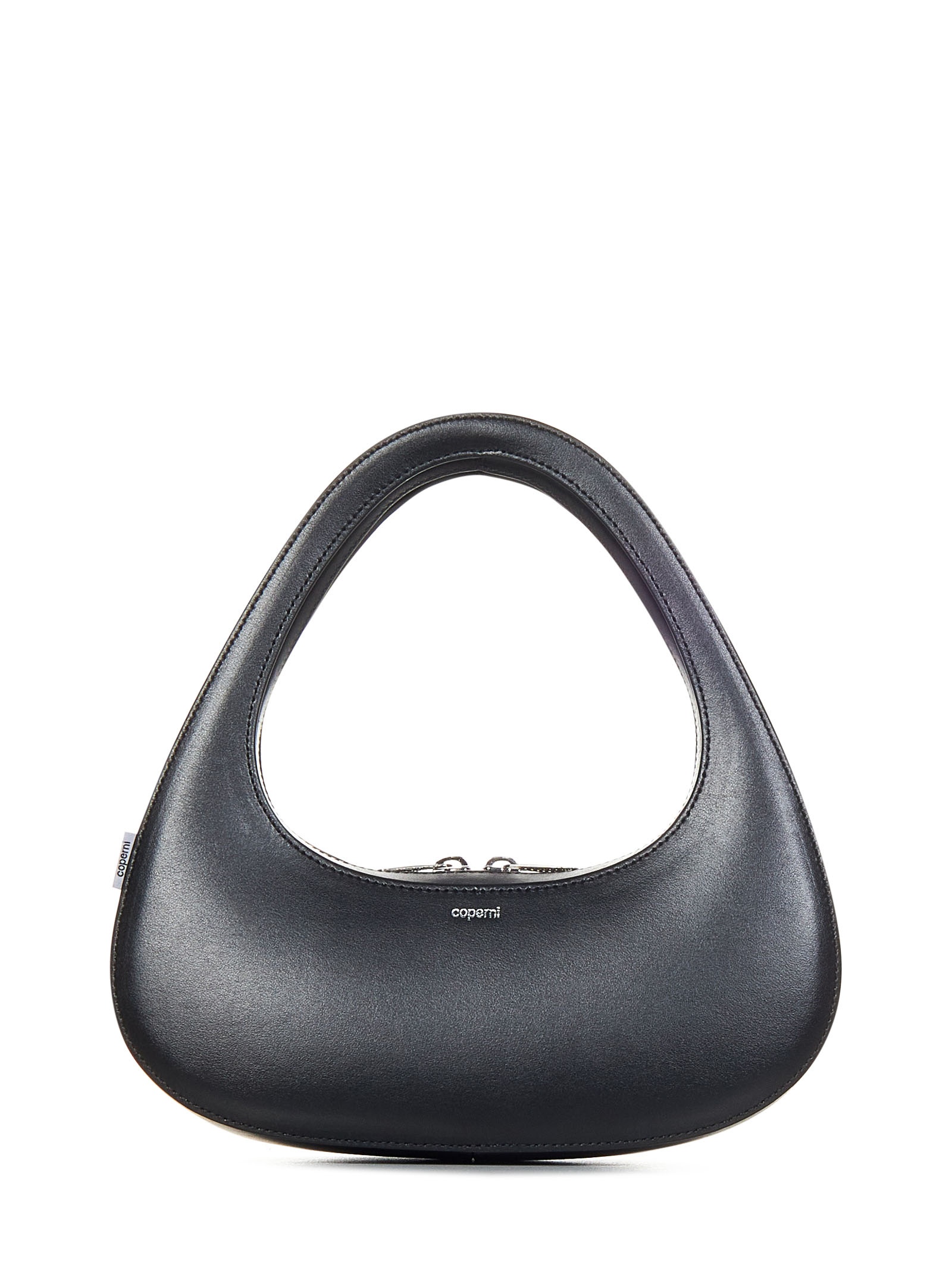 Black calfskin curved triangular baguette bag with silver-foil print logo at front. - 1