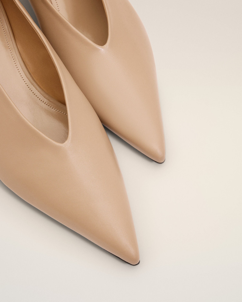 BEIGE LAMB LEATHER POINTED TOE WEDGE PUMP 5