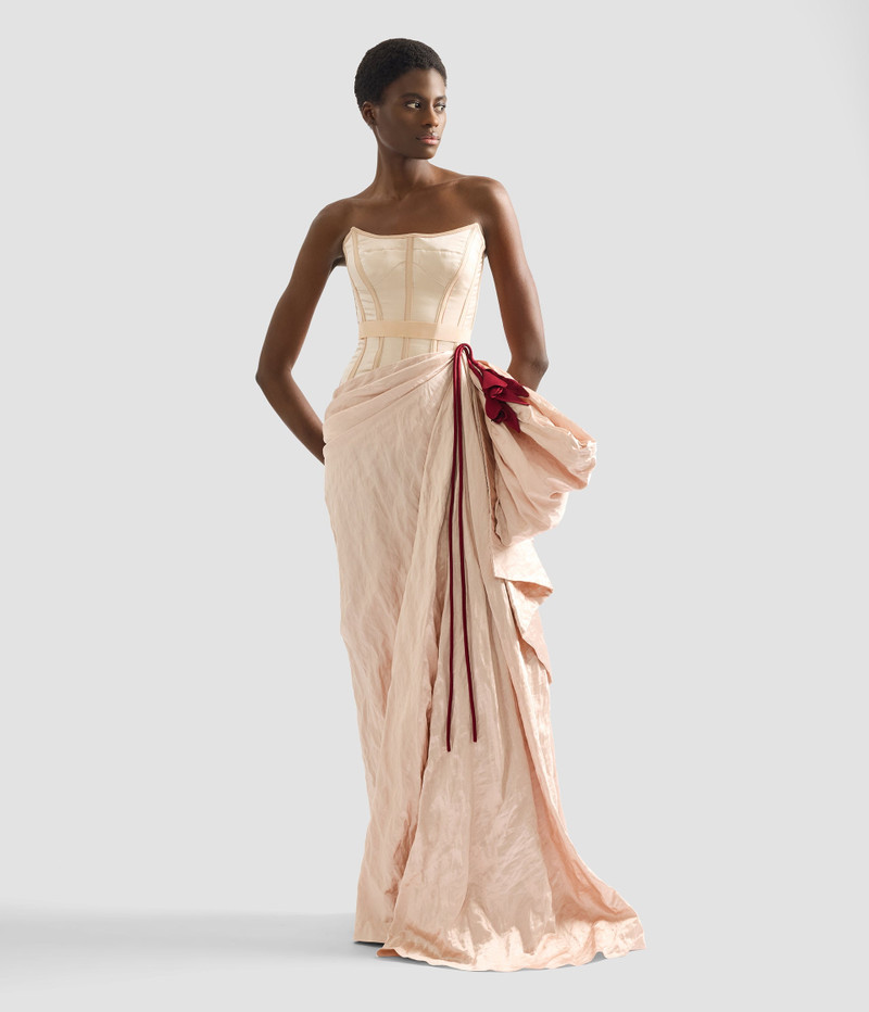 EMBROIDERED TEXTURED SATIN SLEEVELESS GOWN 1