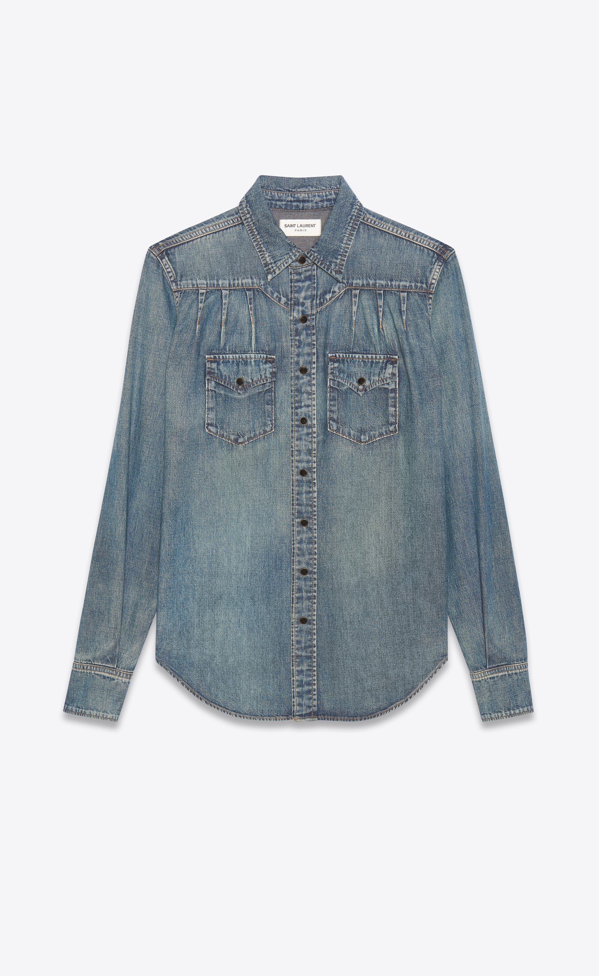 pleated western shirt in dirty medium vintage blue denim - 1