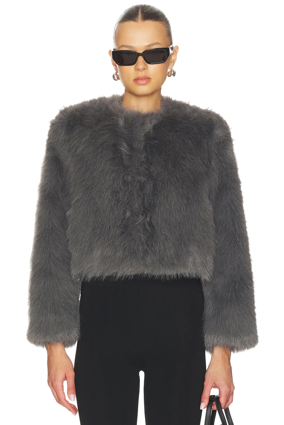 Jordyn Cropped Faux Fur Jacket in Dark Grey - 1