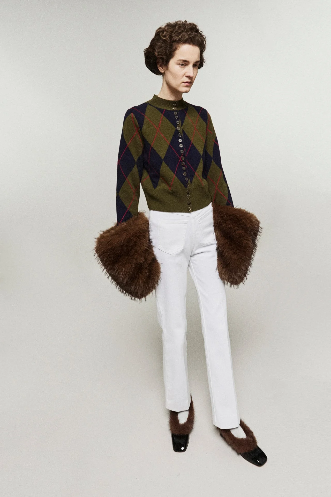 KNITTED CARDIGAN WITH FAUX FUR CUFFS NAVY GREEN RED ARGYLE BROWN - 1