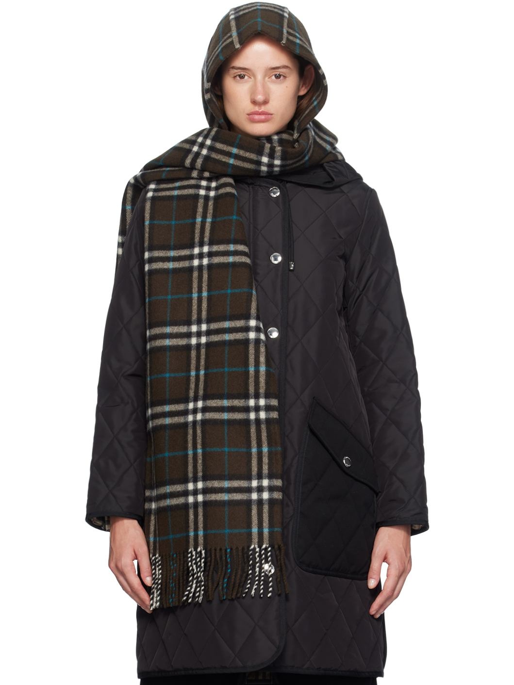 Brown Check Cashmere Hooded Scarf - 1