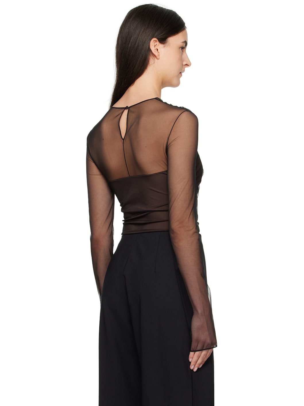 Black & Brown Semi-Sheer Gathered Long Sleeve Bodysuit - 3