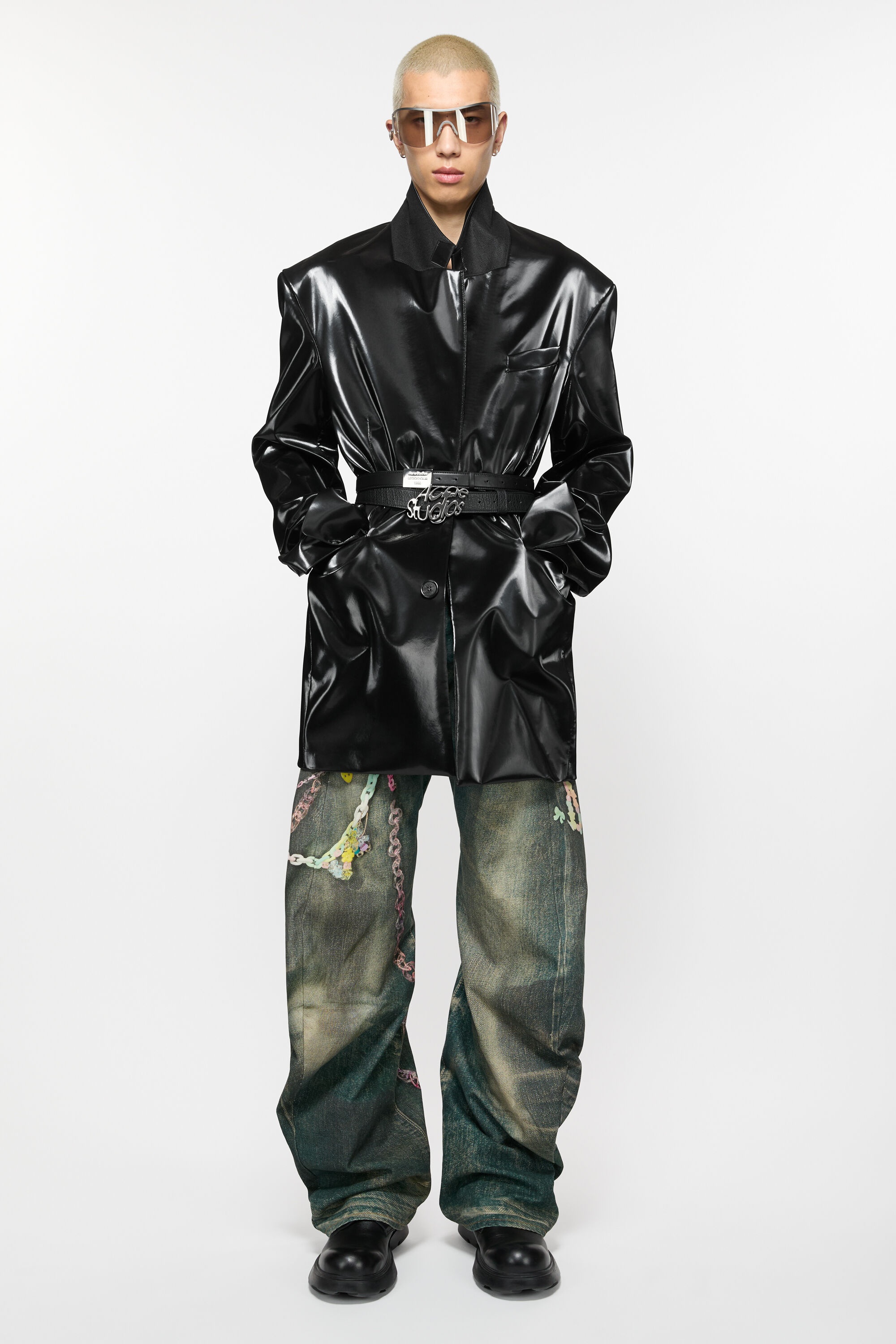 Single-breasted glossed overcoat - Black - 2