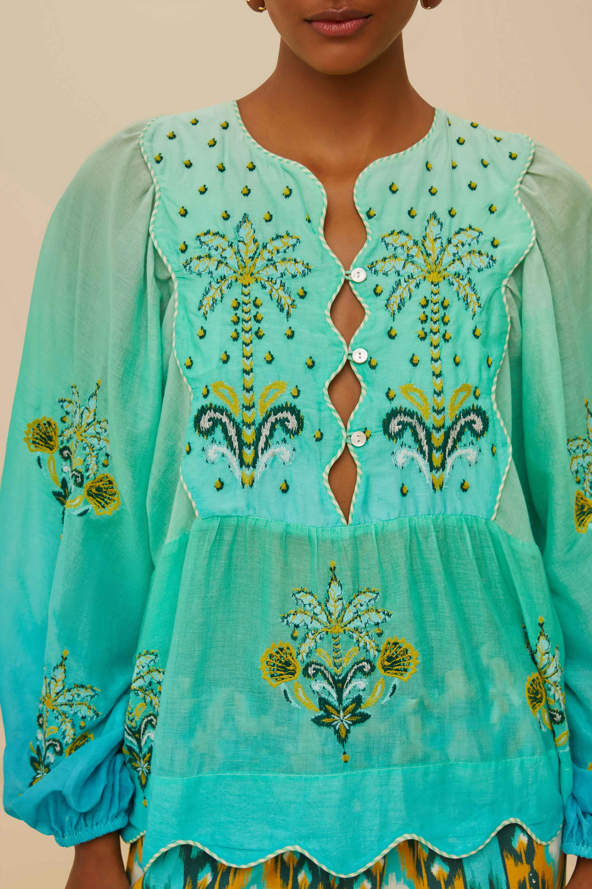 Turquoise Palm Tree Tapestry Blue Wavy Yoke Blouse - 3