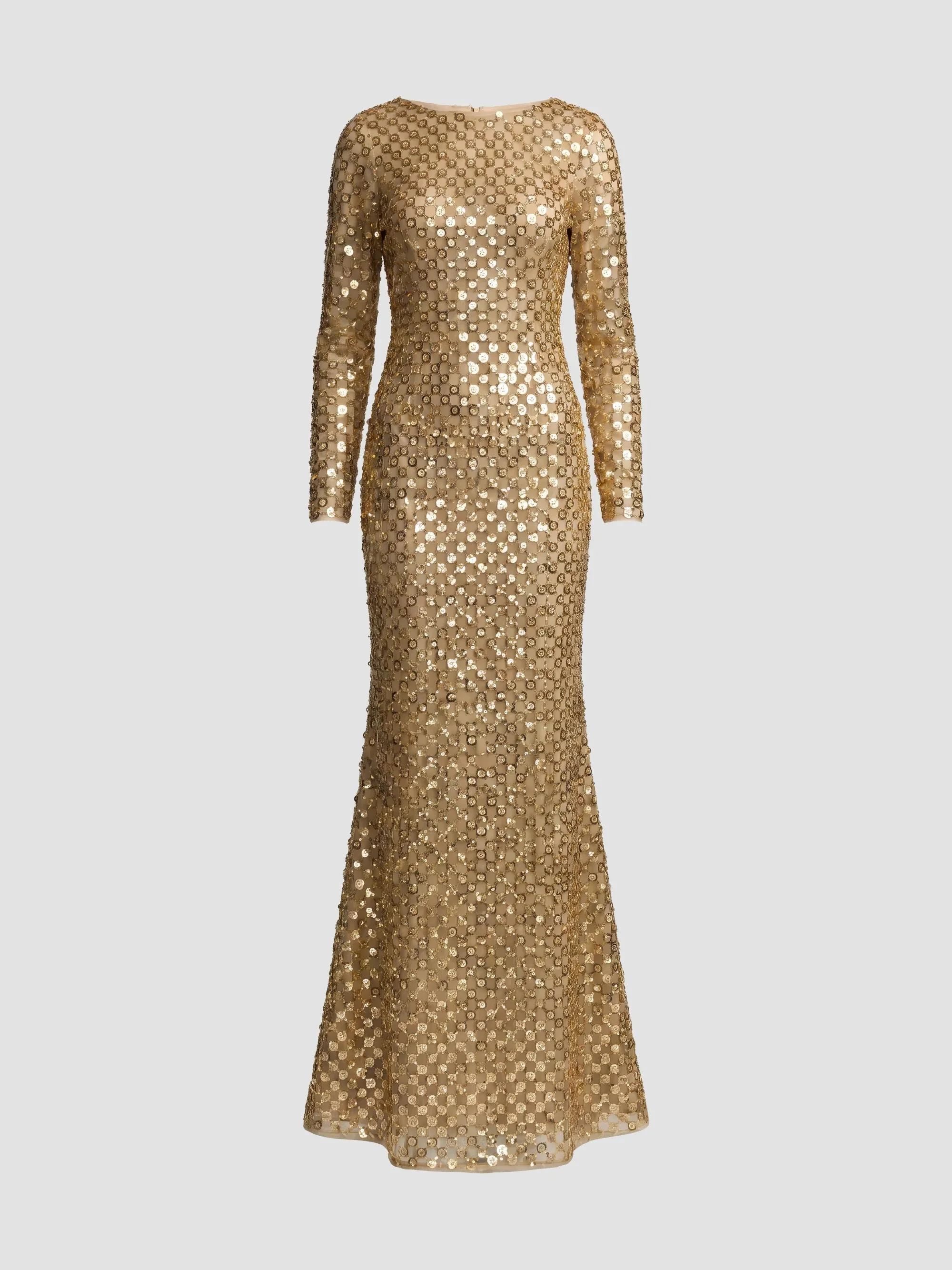 Women's Checker-Beaded Long-Sleeve Column Gown - Gold - 1