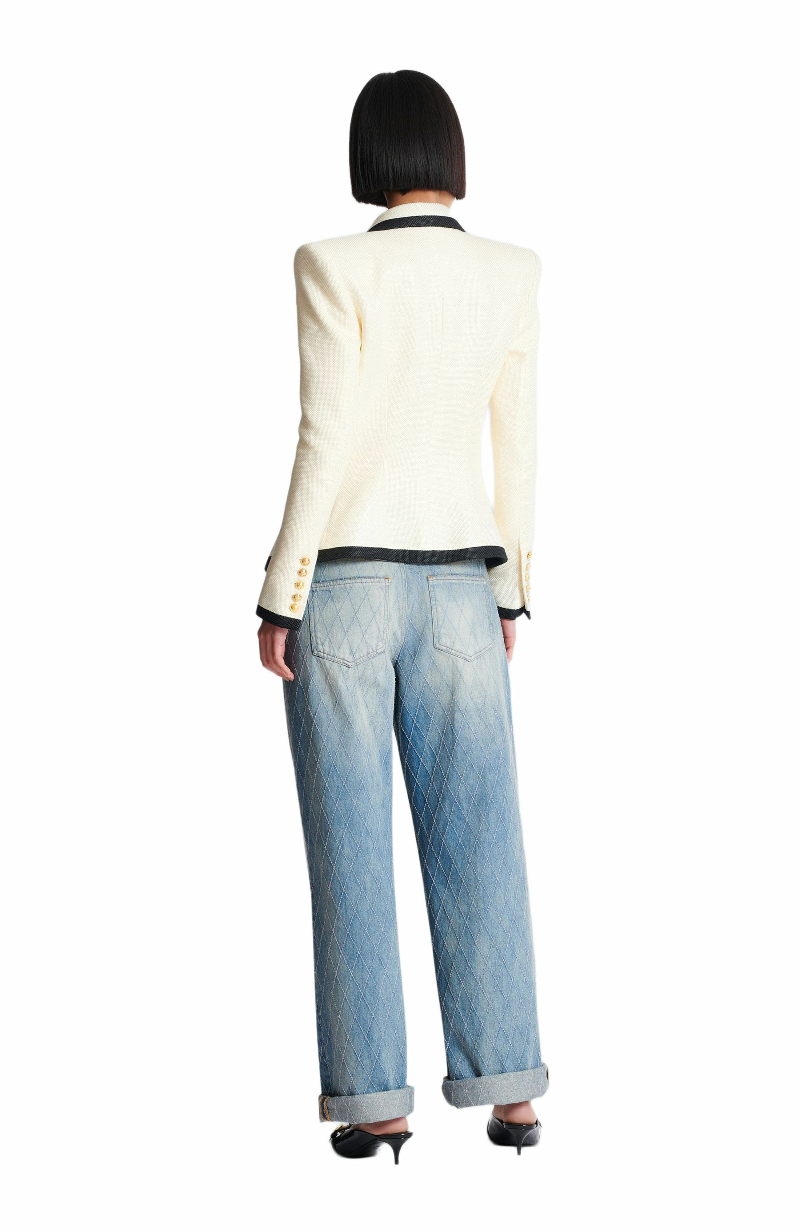 Balmain Fitted Two-Tone Basketweave Jacket in Beige at Nordstrom - 3