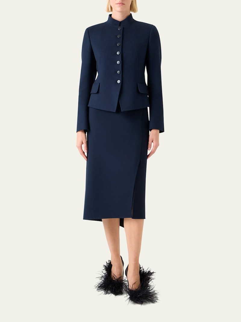 AKRIS Asymmetric Trapezoid Wool Flannel Double-Face Midi Skirt outlook