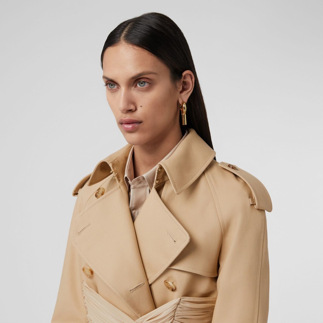 Jersey Sash Detail Cotton Gabardine Trench Coat - 7