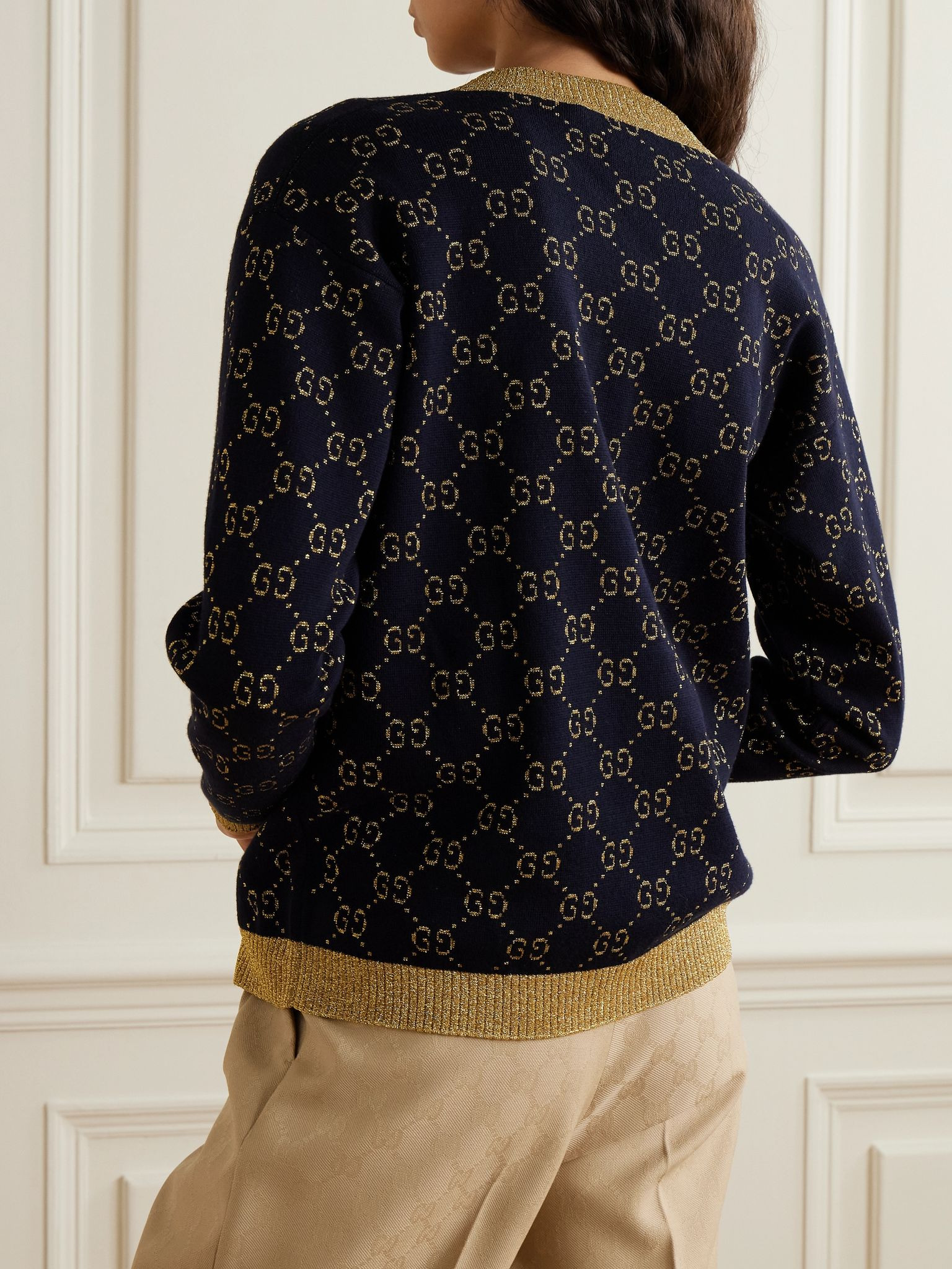 Metallic jacquard-knit cotton-blend cardigan Navy - 3