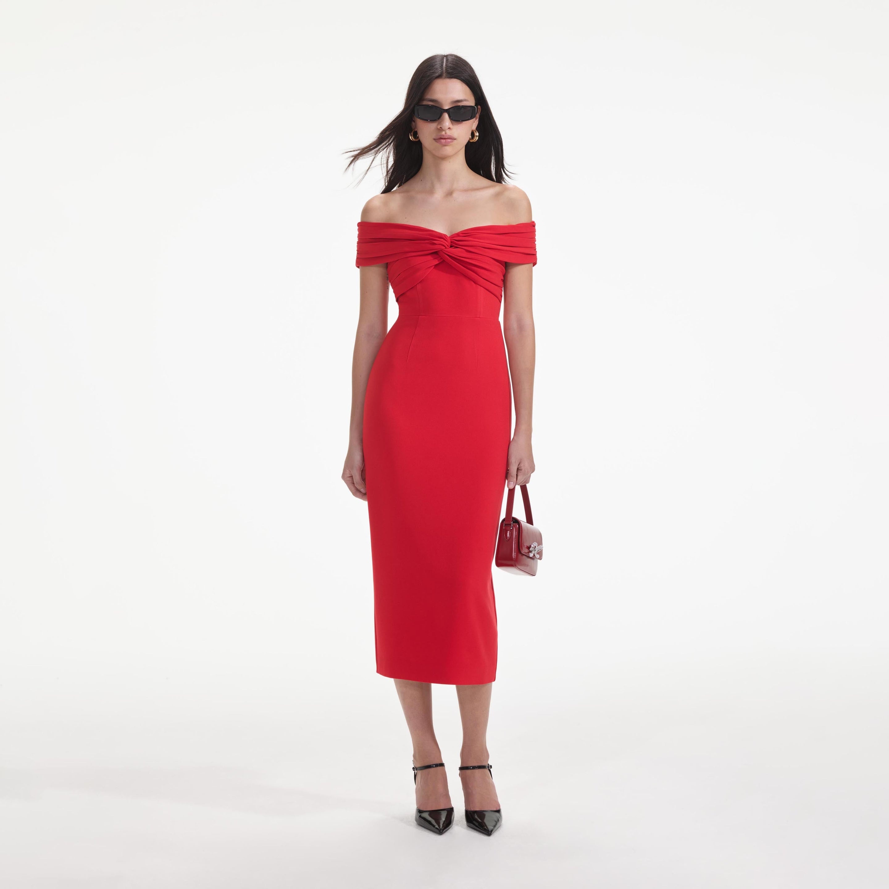 Red Off Shoulder Midi Dress - 1