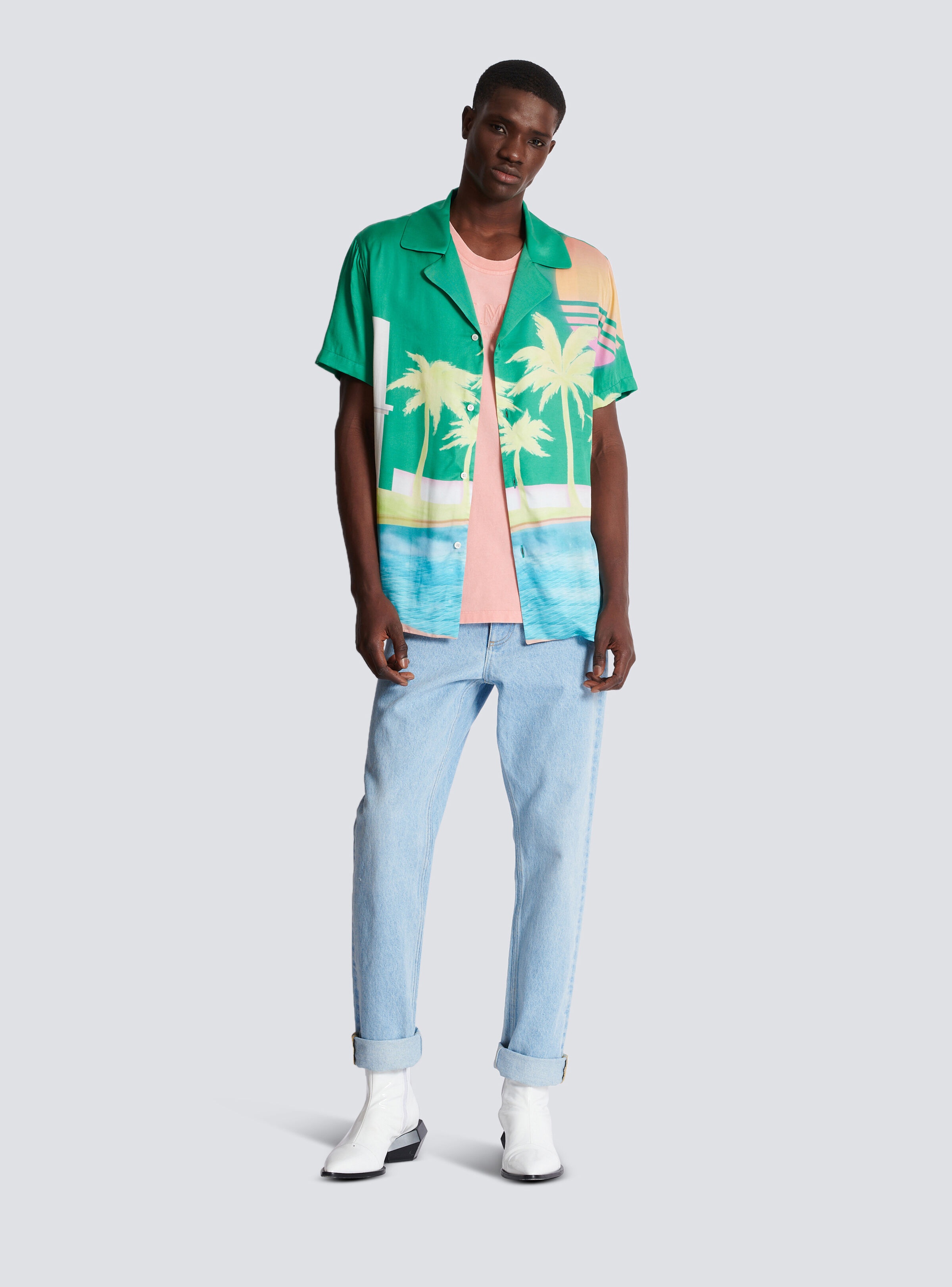 Short-sleeved twill pyjama shirt with palm tree print - 2