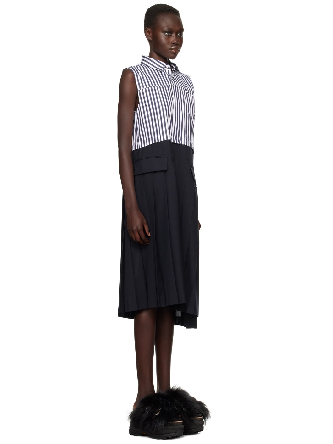 White & Navy Suiting x Cotton Poplin Midi Dress - 2