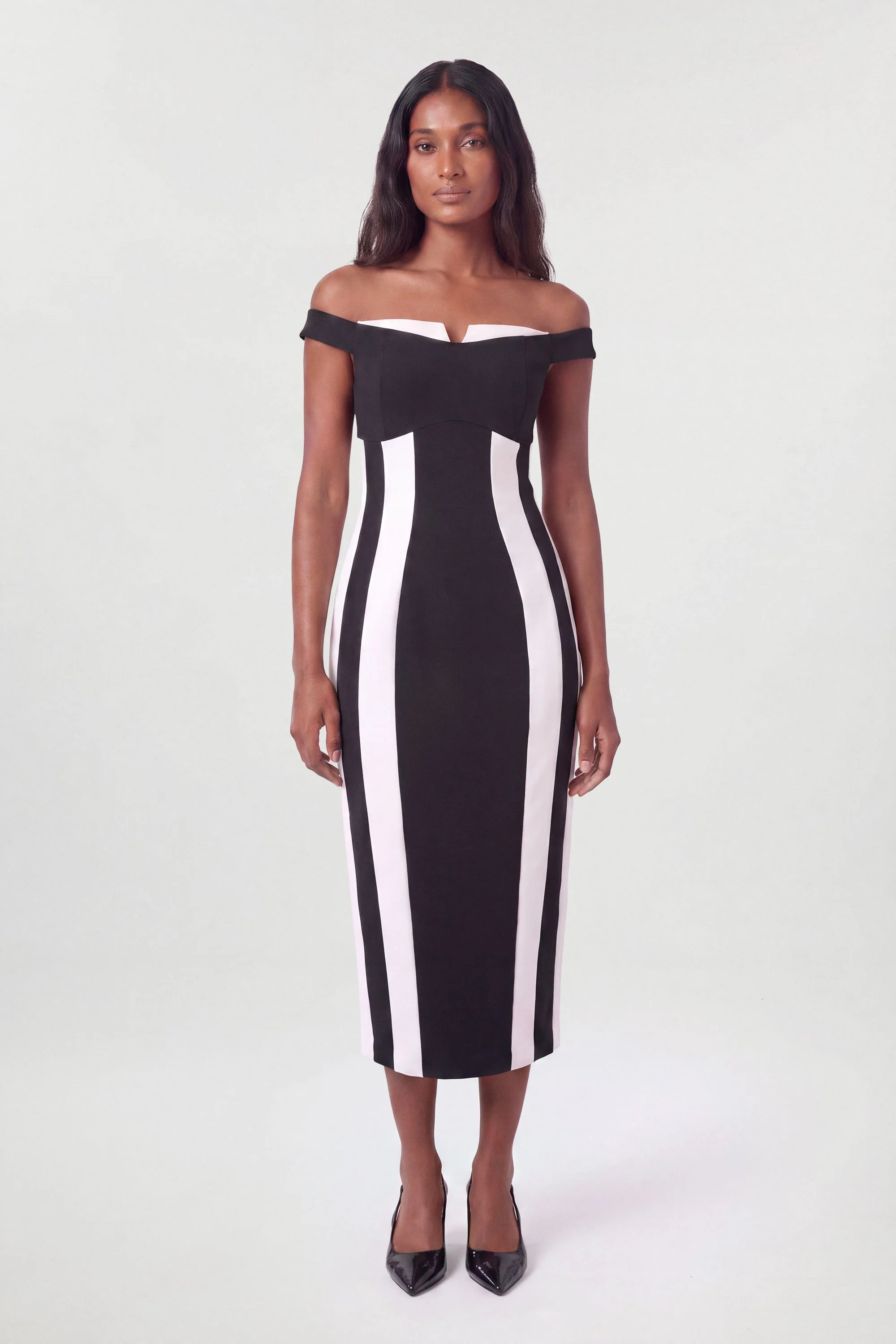 Compact Stretch Colour Block Bardot Midi Dress - 1