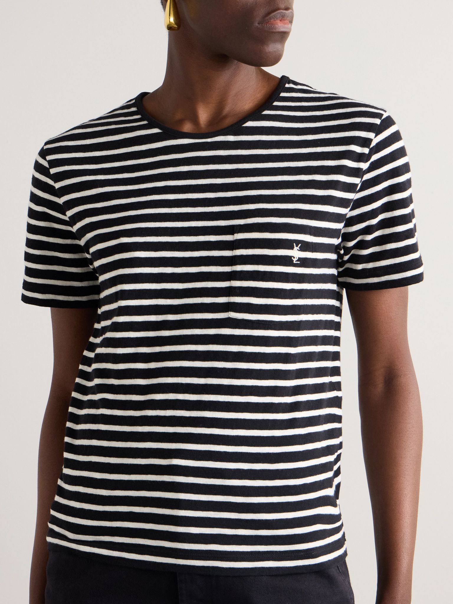 Embroidered striped cotton-jersey T-shirt Black - 3