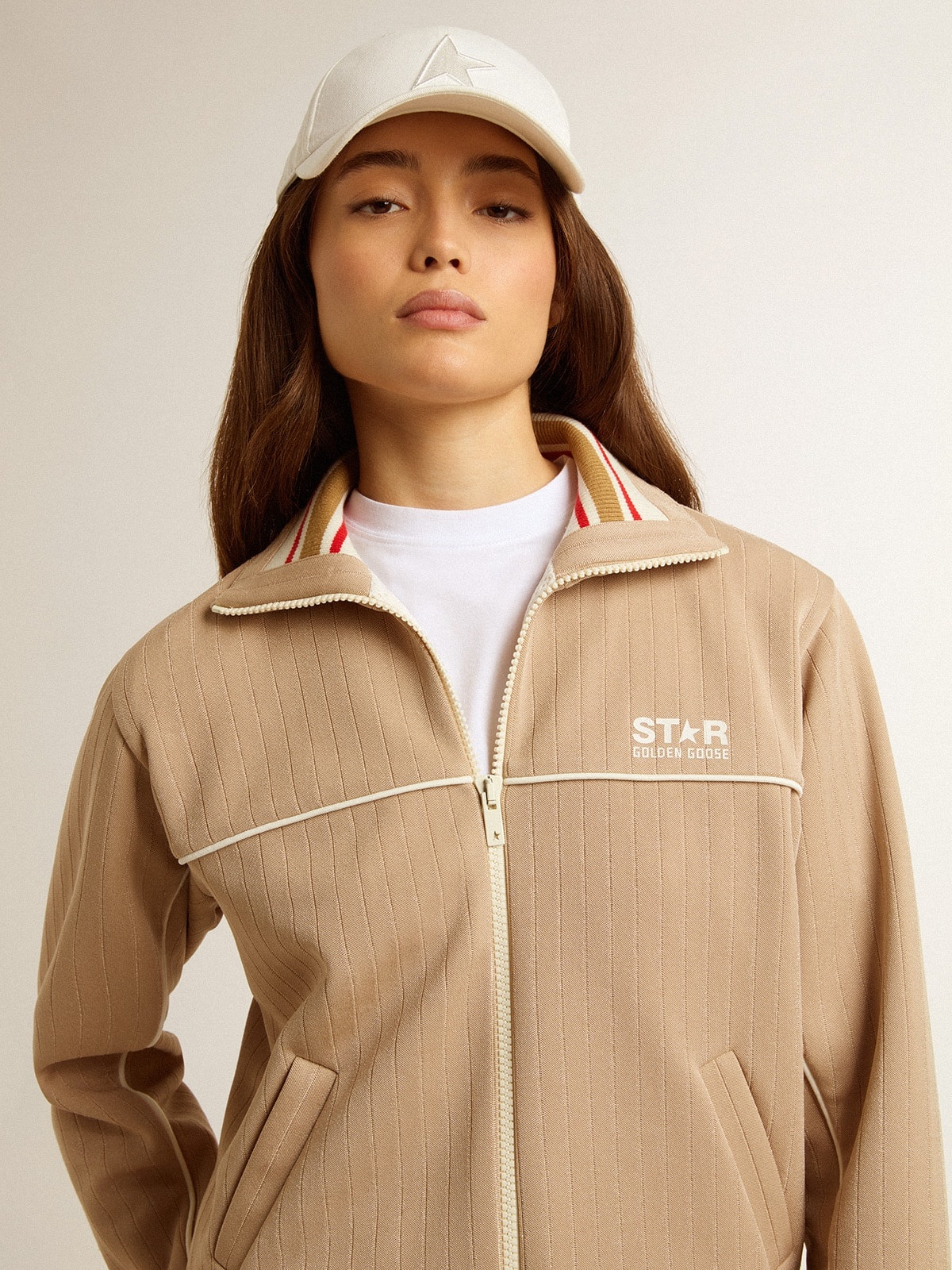 Women’s light beige zipped sweatshirt with white logo - 5