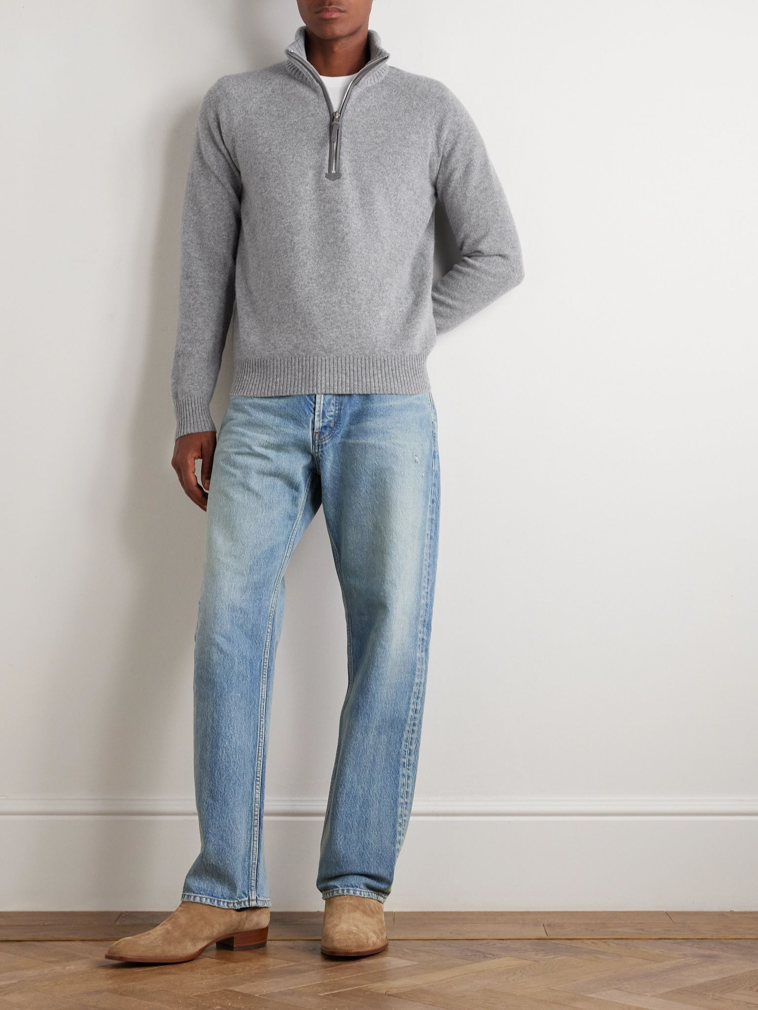 Leather-Trimmed Wool and Cashmere-Blend Half-Zip Rollneck Sweater Gray - 2