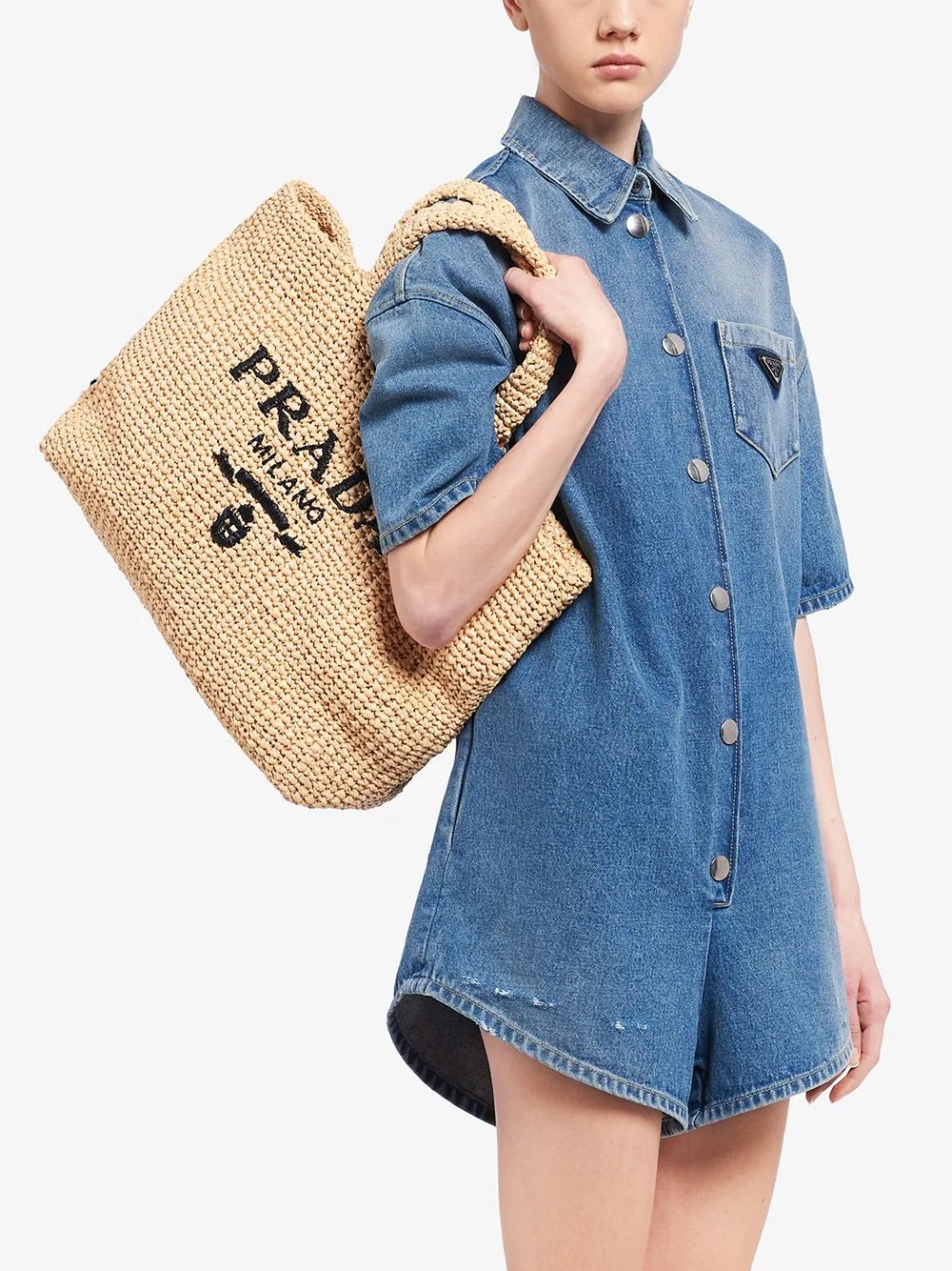 logo-embroidered raffia tote bag - 6