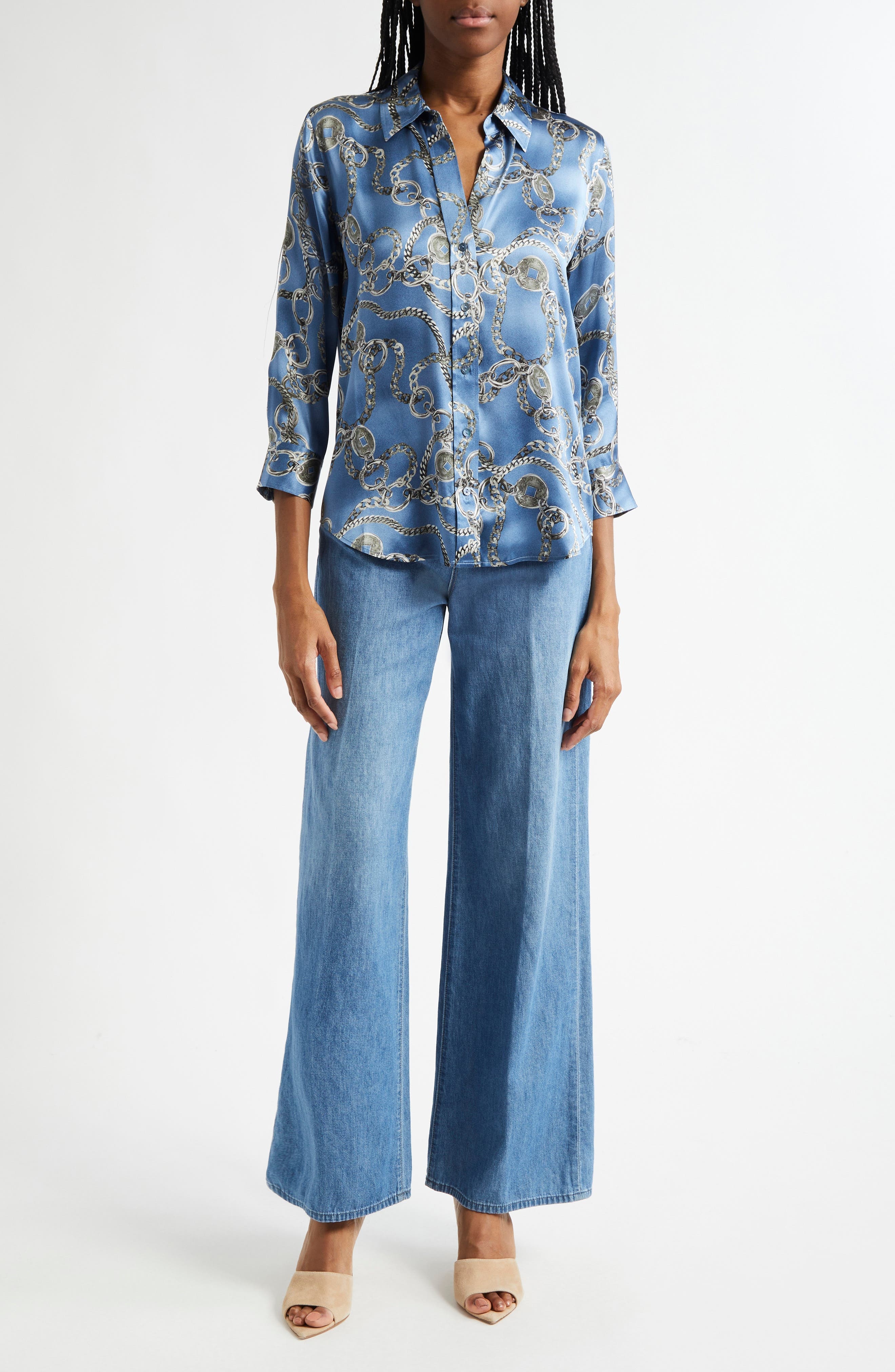L'AGENCE Dani Chain Print Silk Button-Up Shirt in Blue Horizon/Silver Good Luck at Nordstrom - 2